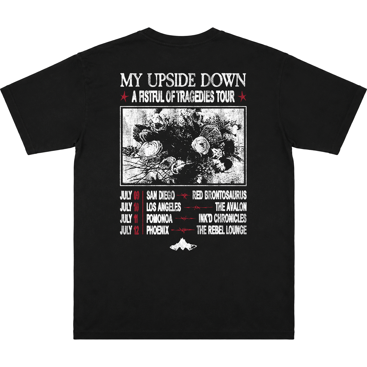 A black short-sleeve graphic t-shirt showing the back side, which features a white and red printed concert tour schedule under the text 'MY UPSIDE DOWN - A FIST-FULL OF TRAGEDIES TOUR'.